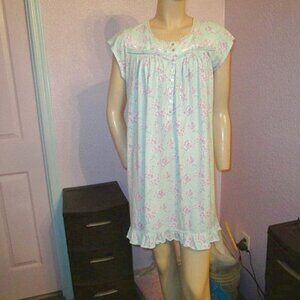 Eileen West COTTON Babydoll Size S NIGHTGOWN Ruffle CROCHET Green Purple DRESS